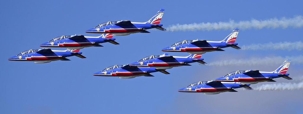 The Patrouille de France Alpha jets with their special livery honoring Antoine de Saint Exupéry and his Little Prince 